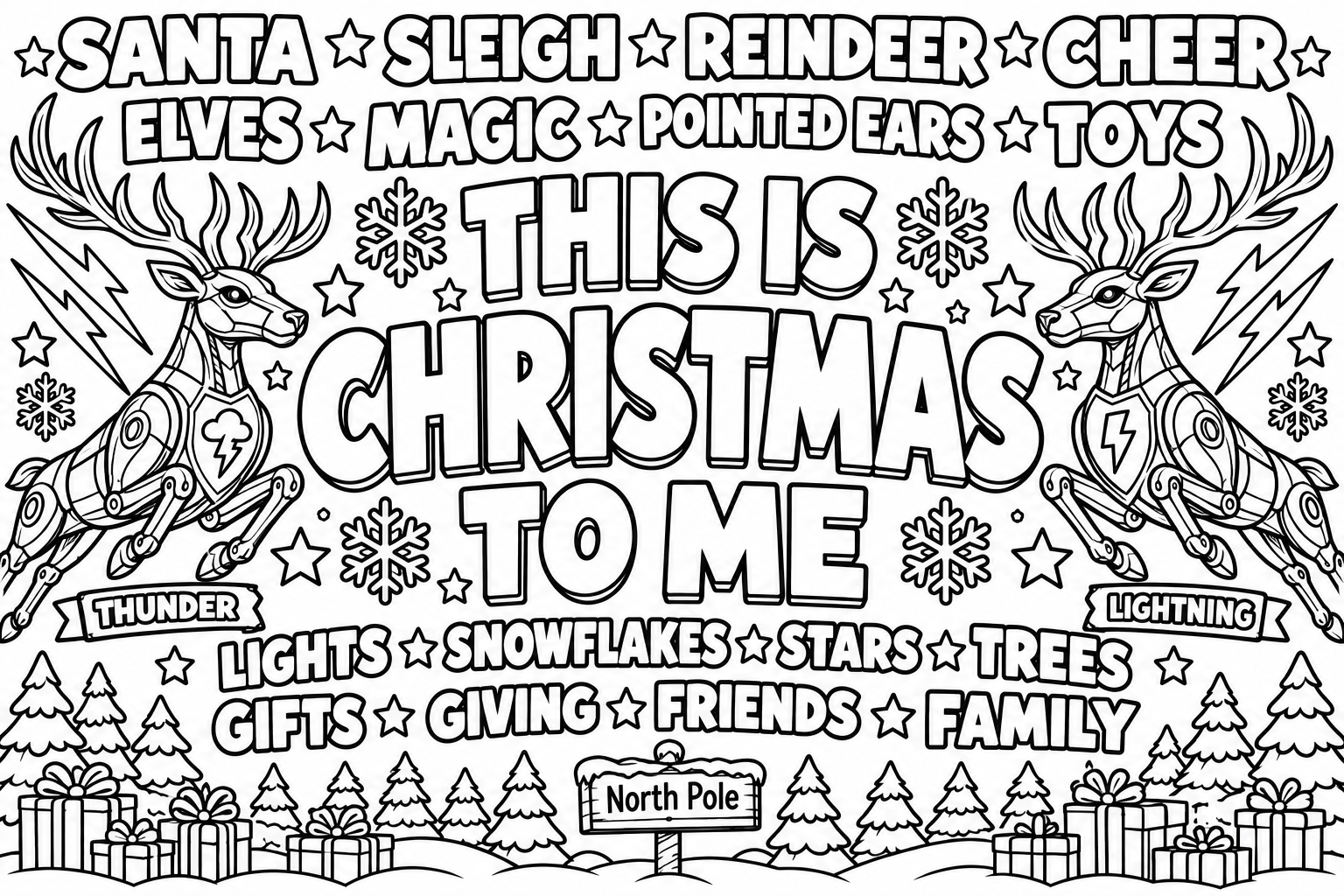Colouring page: This Is Christmas to Me typography surrounded by Thunder and Lightning, Christmas words, snowflakes, stars, pine trees, gifts and a North Pole sign.