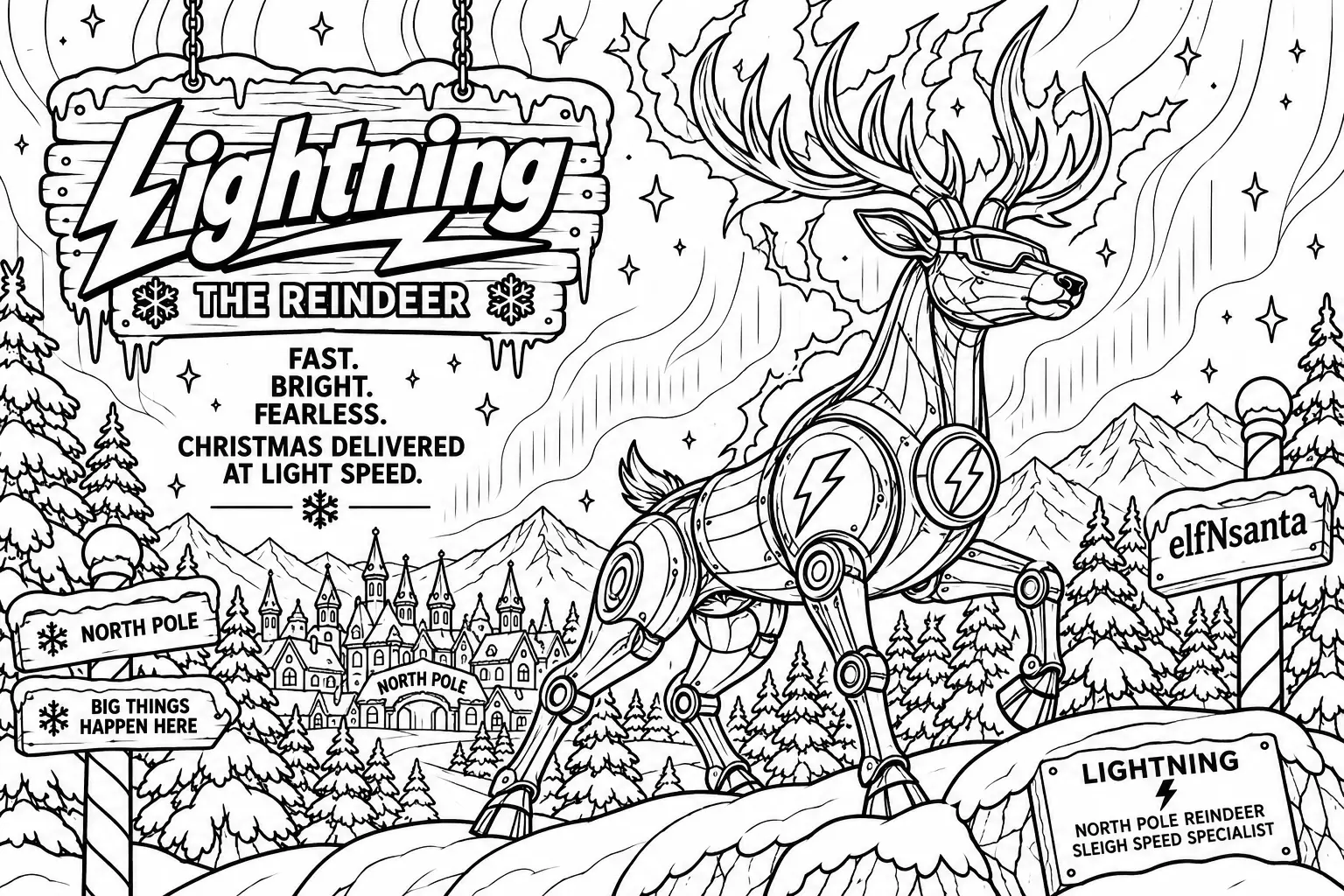 Colouring page: Lightning the reindeer in goggles galloping over a snowy ridge, with a big Lightning sign, a North Pole village, pine trees and signposts.