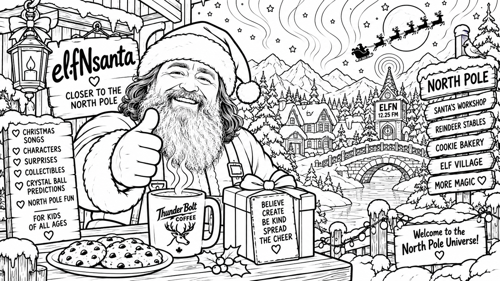 Colouring page: elfNsanta in a Santa hat and fur-trimmed coat giving a thumbs-up, with a Thunder Bolt Coffee mug, cookies, a gift box, a snowy village with a clock tower, a North Pole signpost, and Santa's sleigh flying across the moon and northern lights.