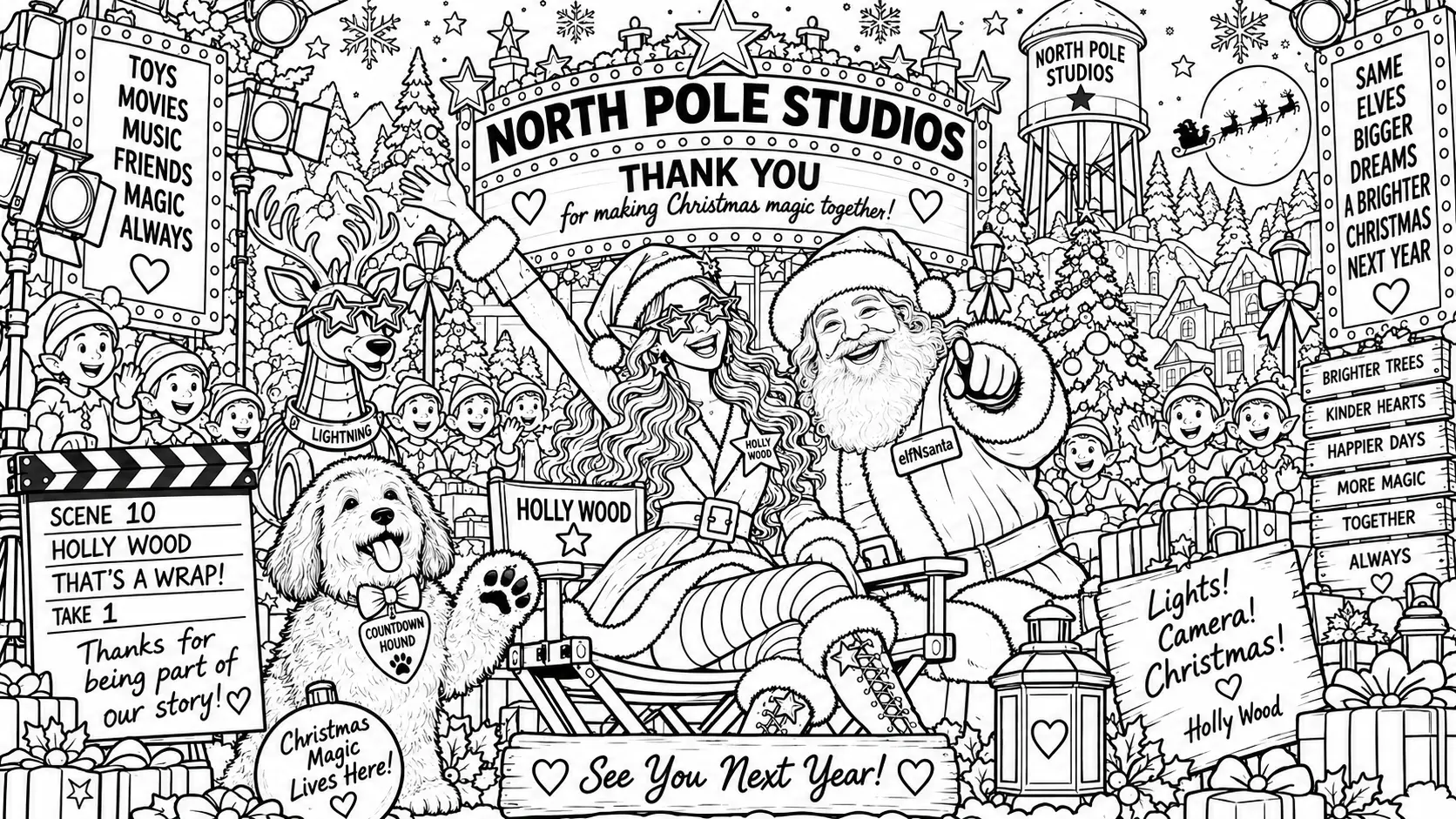 Colouring page: Holly Wood and elfNsanta celebrate the finale at North Pole Studios with Lightning, Count Barkula, elves, gifts, snowy trees and a thank-you marquee.