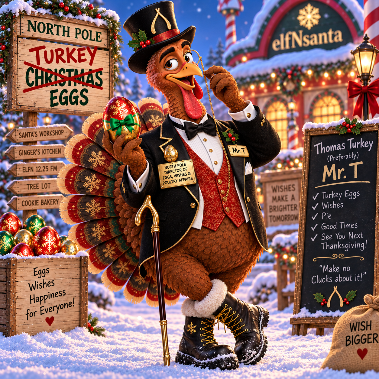 Thomas "Wishbone" Turkey — a distinguished North Pole turkey in a black tuxedo, red patterned waistcoat and bow tie, wearing a top hat with a stitched wishbone emblem and a monocle, holding a formal wishbone-handled cane and a Christmas Egg.