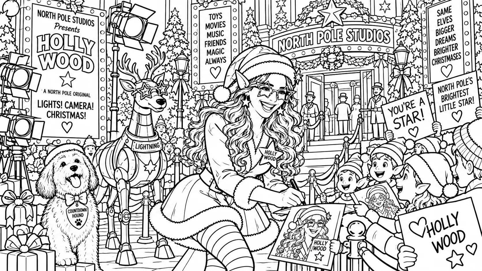 Colouring page: Holly Wood signs a portrait for young elf fans outside North Pole Studios, with Lightning, Count Barkula, cameras, posters and Christmas gifts.