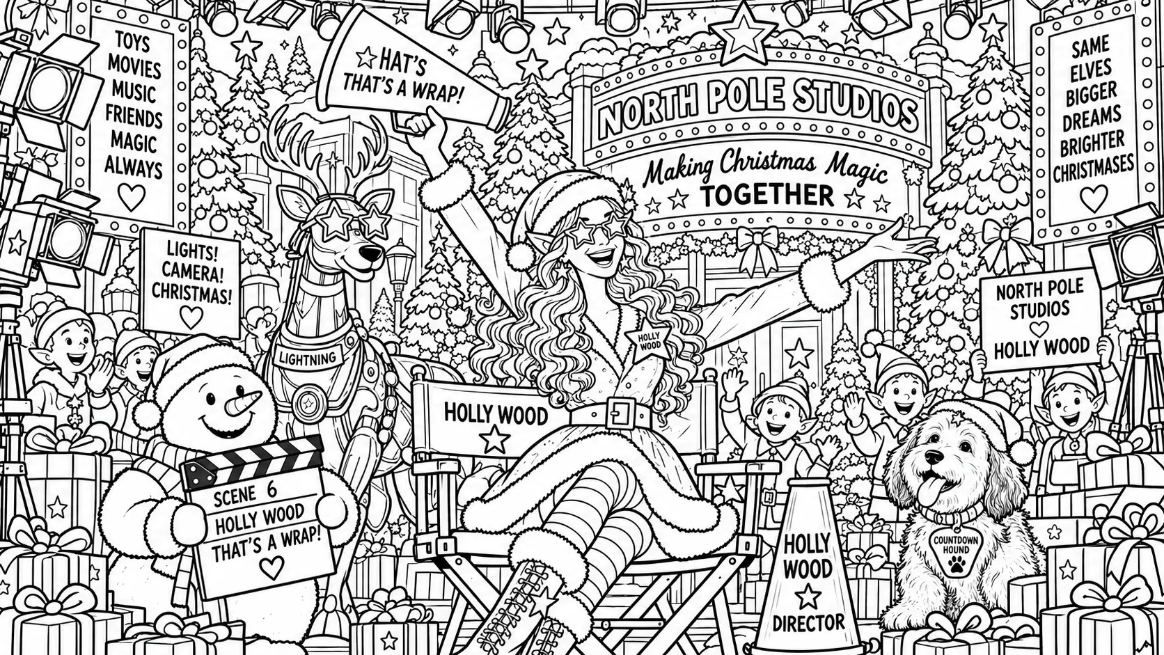 Colouring page: Holly Wood calls That's a Wrap from her director's chair at North Pole Studios with Lightning, Count Barkula, a snowman, elves, cameras and gifts.