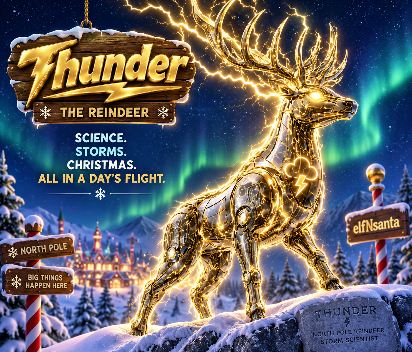 Thunder the Reindeer, North Pole storm scientist, glowing with golden lightning