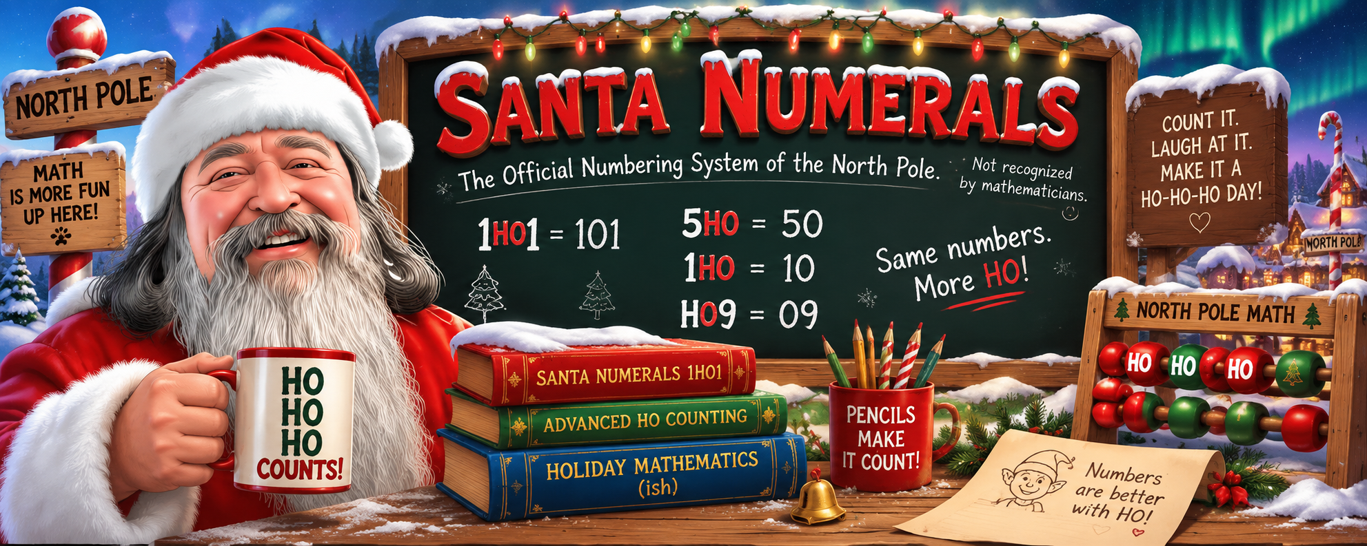 Santa beside a North Pole chalkboard introducing Santa Numerals and HO counting