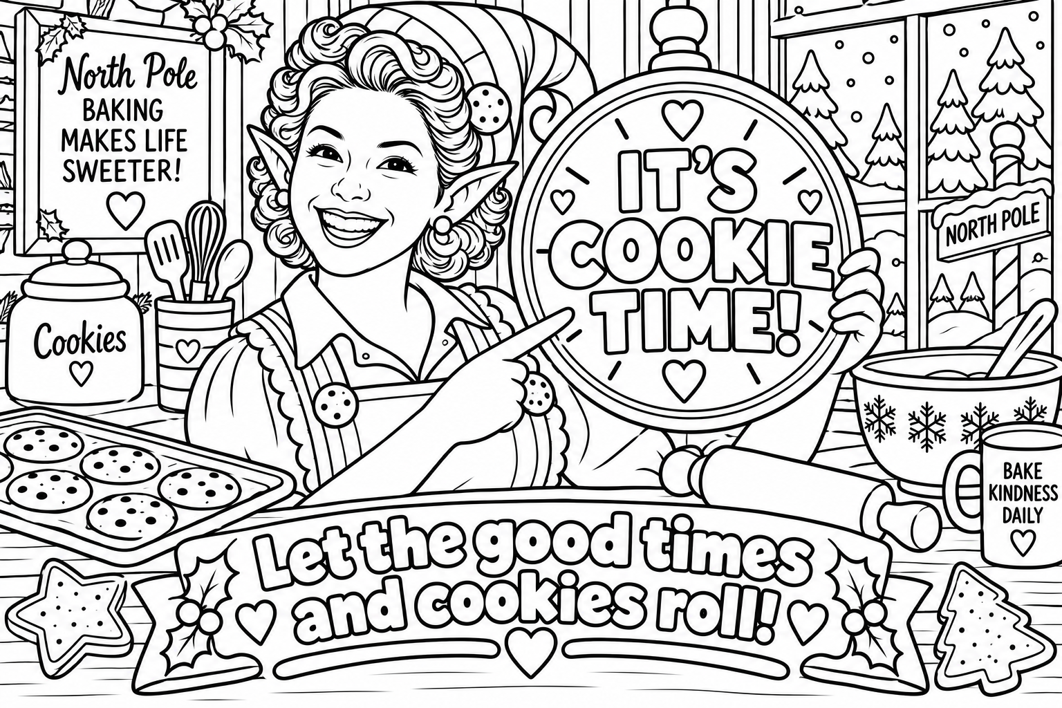 Colouring page: Ginger the Elf holding an It's Cookie Time sign in her North Pole kitchen, with a cookie jar, baking tray of cookies, rolling pin, snowflake mixing bowl, a Bake Kindness Daily mug, star and tree shaped cookies, a framed Baking Makes Life Sweeter sign, and a window looking out to a snowy North Pole.