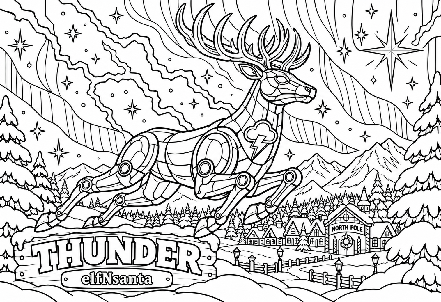 Colouring page: Thunder the robotic reindeer running above a snowy North Pole village beneath the northern lights and stars.