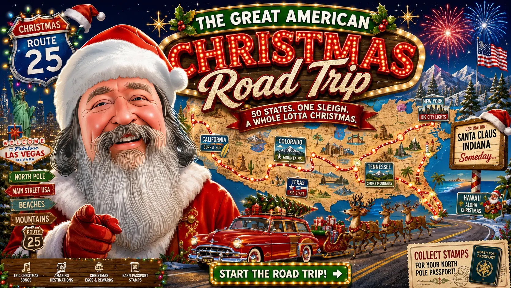 The Great American Christmas Road Trip poster — elfNsanta in his Santa suit pointing the way down Christmas Route 25, with a red woody wagon, reindeer sleigh, fireworks and road signs from New York to Hawaii