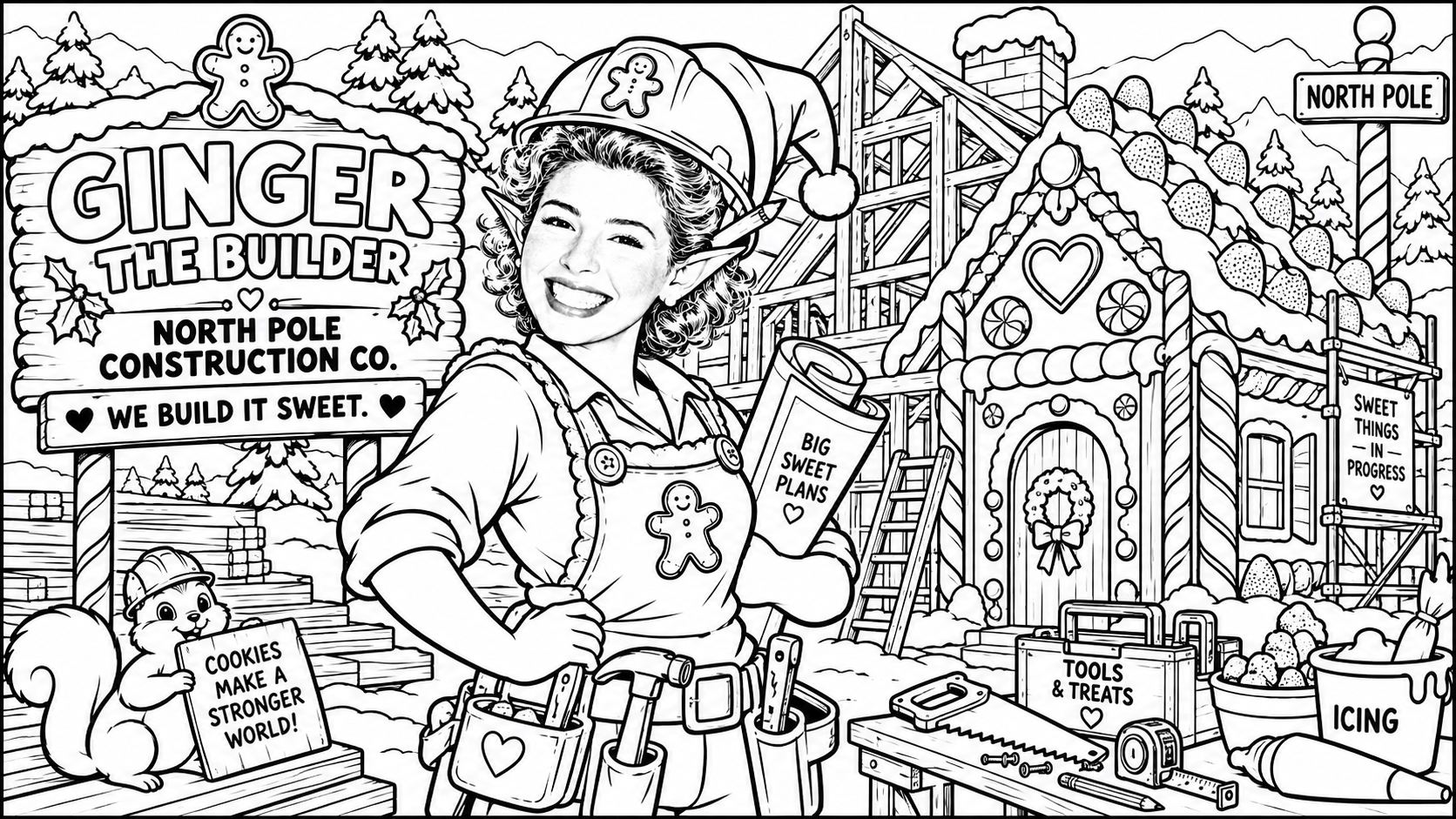 Colouring page: Ginger the Builder in a hard hat and tool belt holding Big Sweet Plans at a North Pole Construction Co. site, building a gingerbread house with a squirrel helper, a Tools & Treats toolbox, an icing bucket and a We Build It Sweet sign.