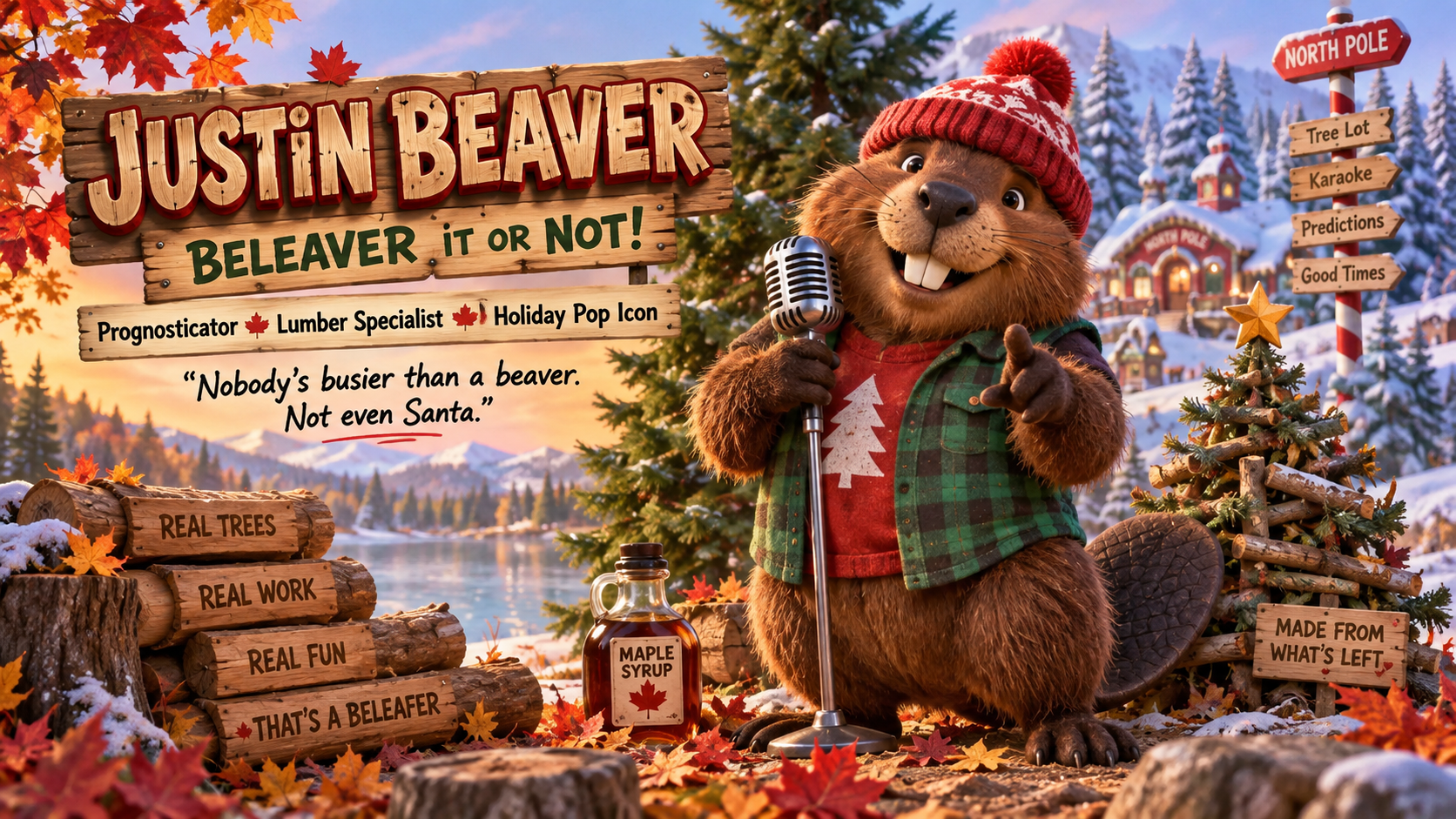 Justin Beaver, the North Pole's Holiday Pop Icon, in a red toque and plaid vest holding a microphone