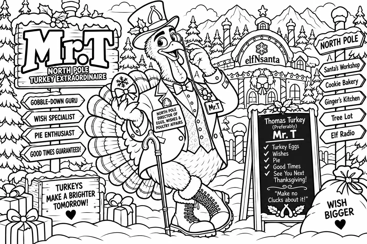 Colouring page: Mr. T the turkey in a top hat, bow tie and boots with a cane, beside a chalkboard, gift boxes, pine trees and North Pole signposts.