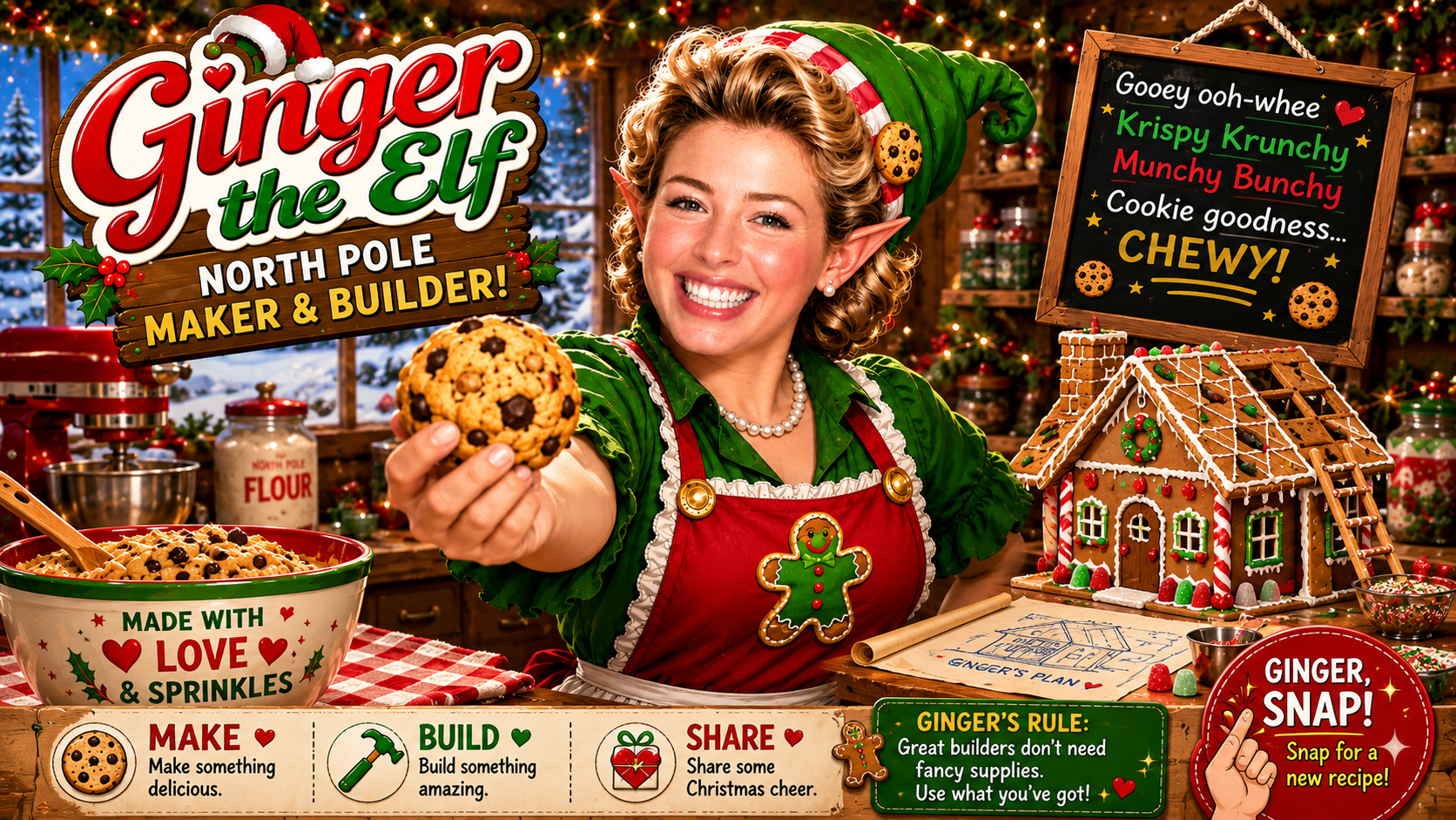 Ginger the Elf in her North Pole kitchen