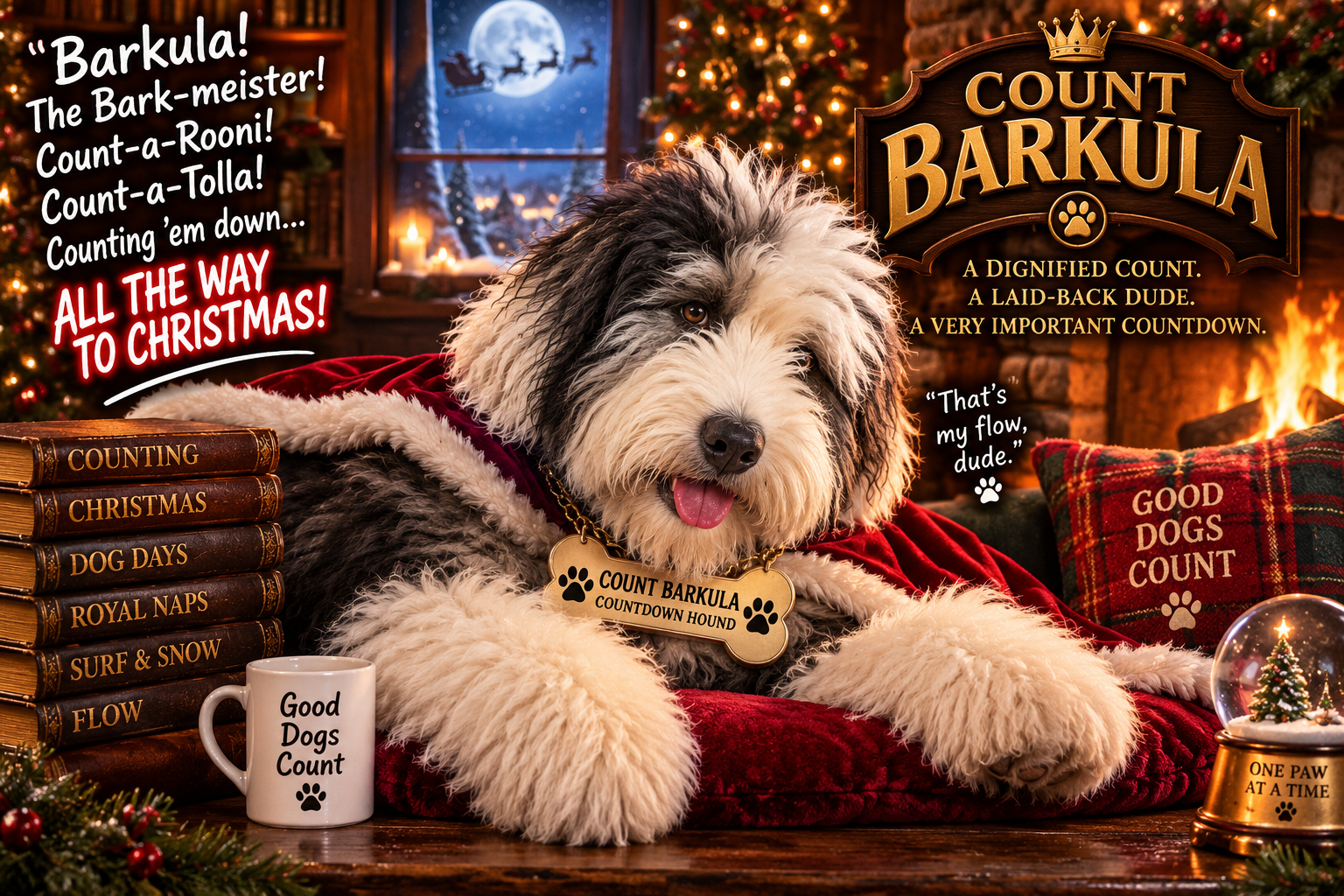 Count Barkula, a shaggy Old English Sheepdog in a red velvet cape