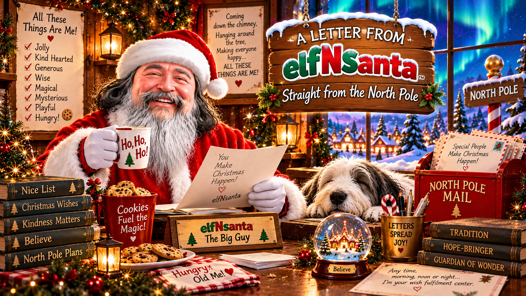 elfNsanta at his North Pole correspondence desk with a letter, cookies and a shaggy dog, under the sign "A LETTER FROM elfNsanta — Straight from the North Pole".