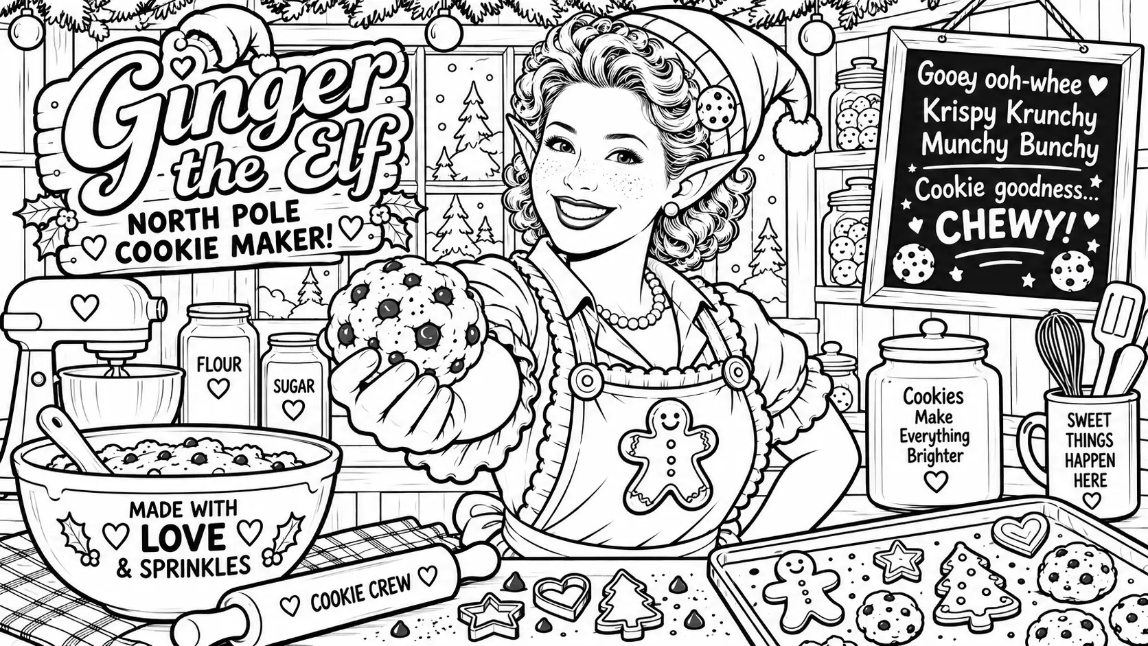 Colouring page: Ginger the Elf, North Pole cookie maker, holding a chocolate chip cookie in her kitchen with a mixing bowl, flour and sugar jars, a rolling pin, a tray of cookies and a chalkboard.