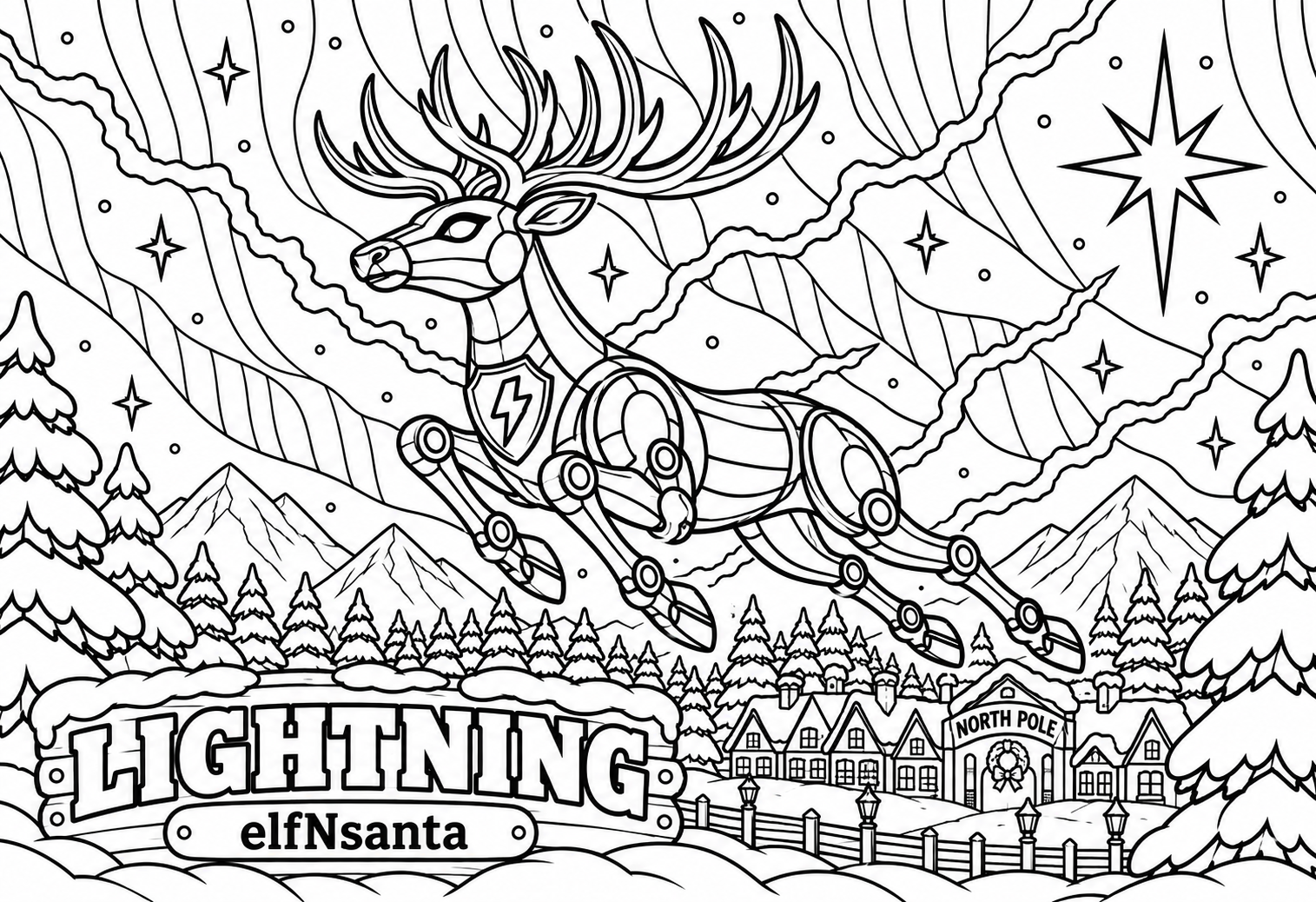Colouring page: Lightning the robotic reindeer leaping above a snowy North Pole village beneath the northern lights and stars.