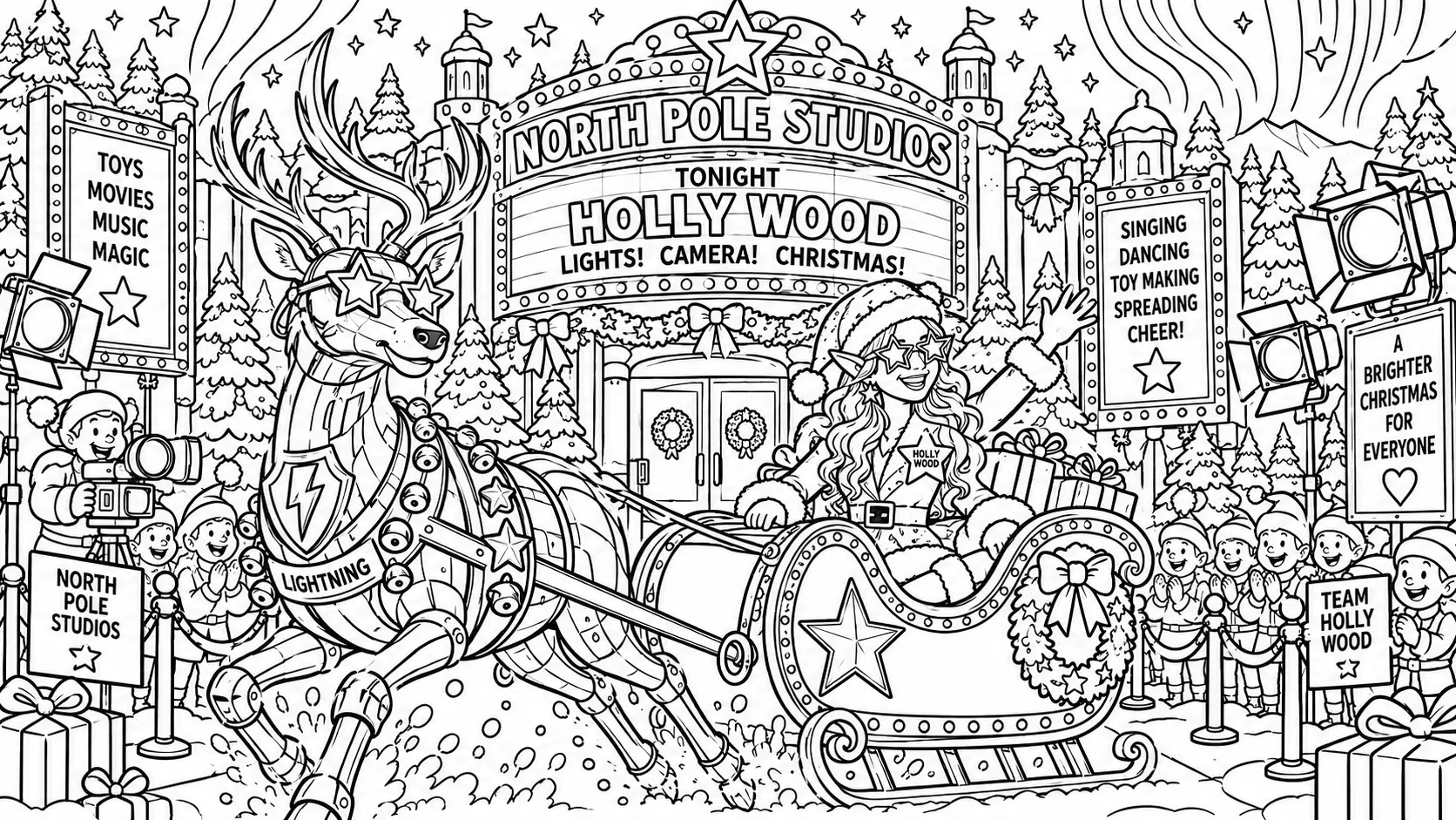 Colouring page: Holly Wood rides in a star sleigh behind Lightning at North Pole Studios, surrounded by cameras, elves, gifts, pine trees and a Holly Wood marquee.