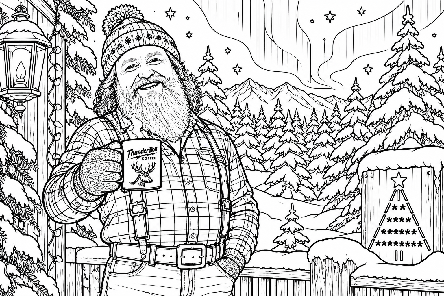 Colouring page: elfNsanta in a maple-leaf toque and plaid coat holding a Thunder Bolt Coffee mug, with a plate of cookies, books, a lantern, a snowy village and a North Pole signpost.