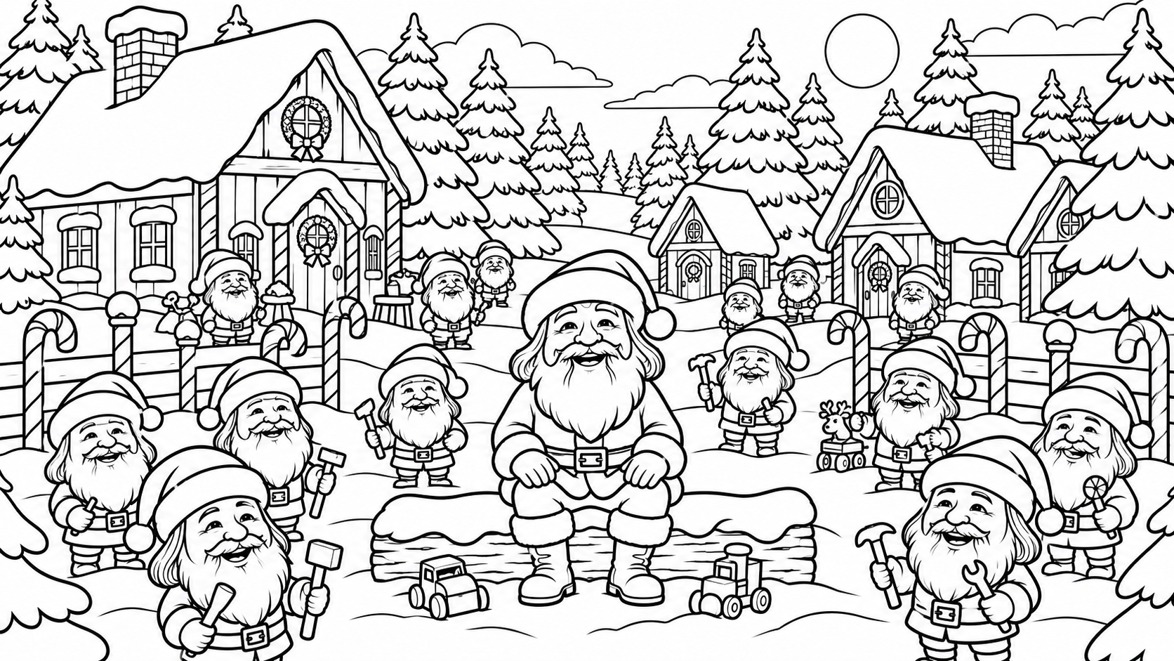 Colouring page: elfNsanta sitting on a log bench in a snowy North Pole village, surrounded by elves with hammers and tools, toy trains, candy canes, cottages with wreaths, pine trees and a bright moon.
