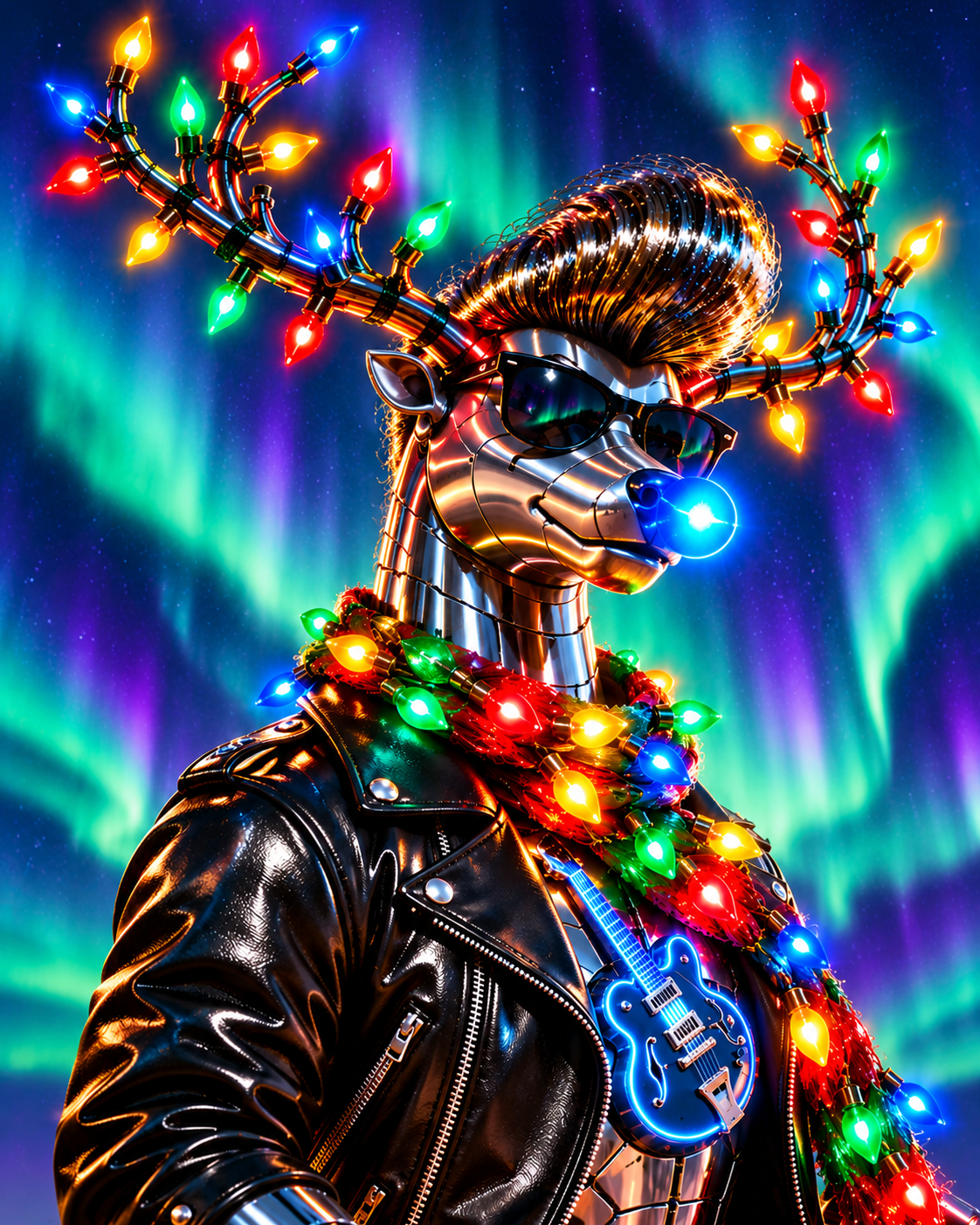 Rock-it the Reindeer in Christmas shades and a black chrome leather jacket