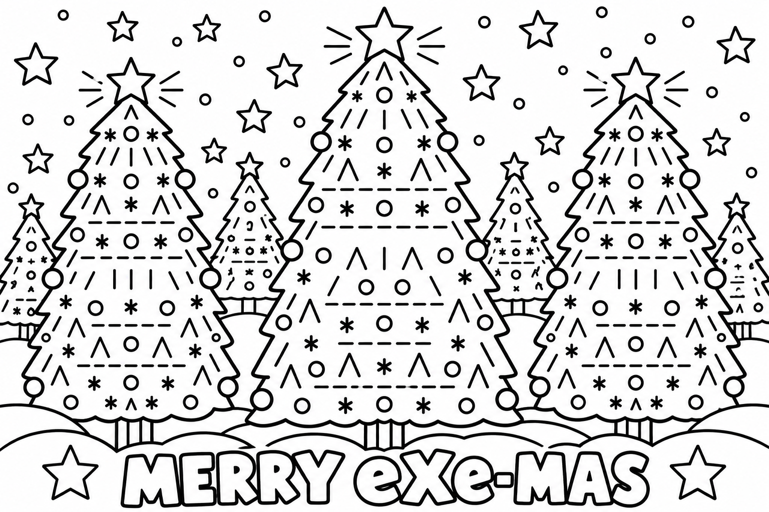Colouring page: a forest of decorated ASCII Christmas trees made from keyboard characters, beneath stars and above Merry eXe-Mas lettering.