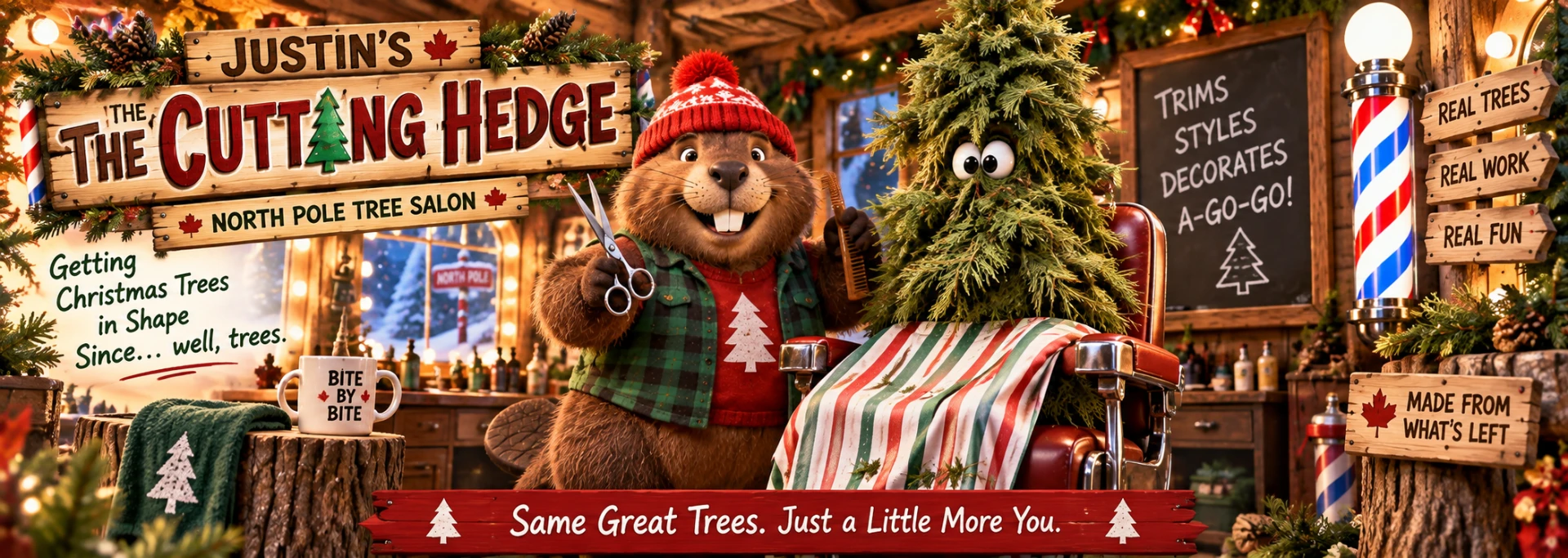 The Cutting Hedge — Justin Beaver's North Pole Tree Salon, a beaver barber grooming a Christmas tree in a red barber chair inside a rustic cabin.