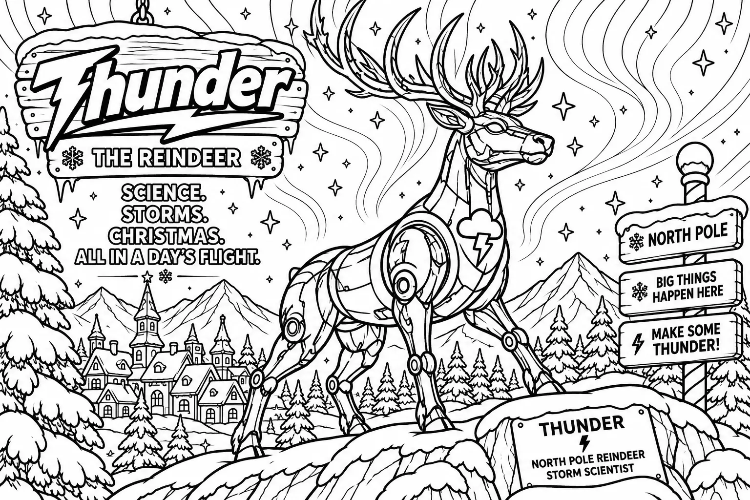 Colouring page: Thunder the reindeer standing on a snowy rock above a North Pole village, with a big Thunder sign, mountains, pine trees and North Pole signposts.