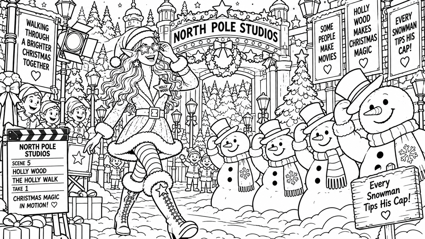 Colouring page: Holly Wood walks through North Pole Studios past a row of snowmen, elves, cameras, lanterns and snowy pine trees.