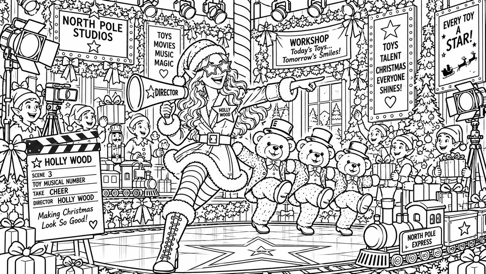 Colouring page: Holly Wood directs a toy musical number at North Pole Studios with dancing teddy bears, elves, cameras, gifts and a North Pole Express train.